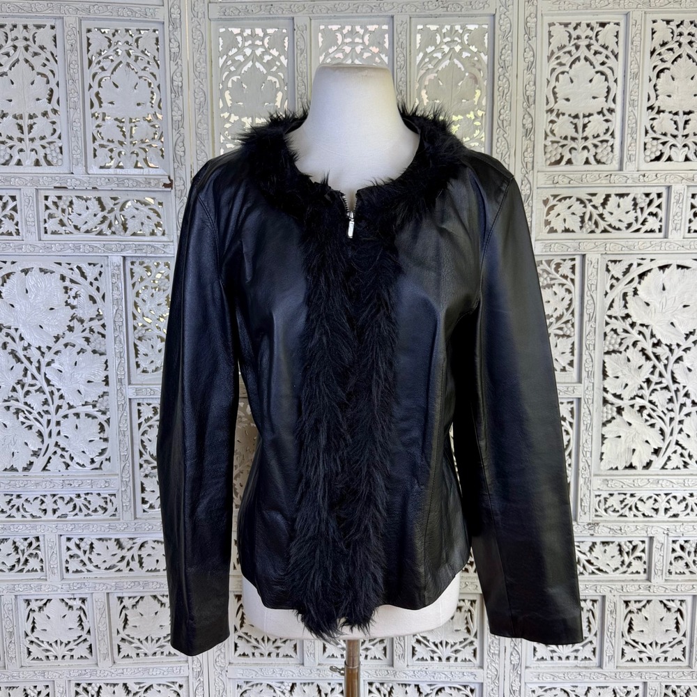 Vintage Black Leather Faux Fur Jacket Womens 14 Y2K Grunge Biker Moto Y2K